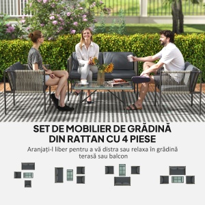 Set de Exterior din Rattan 2 Fotolii, Canapea și Măsuță Gri - Img 4
