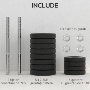 Set de Gantere 30 kg (8x2.5 kg, 4x1.5 kg) cu 12 Discuri și 2 Gantere de 2 kg, 43x18x7.5 cm, Negru - Img 6