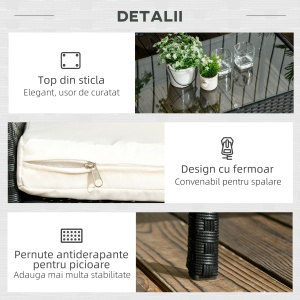 Set de Gradina 4 Piese din Ratan cu 2 Scaune, Fotoliu de Gradina cu 2 Locuri si Masuta Joasa de Cafea, Negru si Crem - Img 6