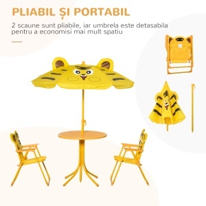 Set de Grădină 4 Piese pentru Copii cu Model Tigru și Măsuță Rotundă, 2 Scaune Pliabile și o Umbrelă Reglabilă, Măsuță cu Scaune pentru Copii 3-6 Ani de Exterior, Galben - Img 4