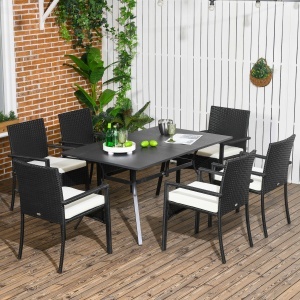 Set de Grădină 7 Piese din Ratan cu Masă și 6 Scaune Negru și Bej - Img 2