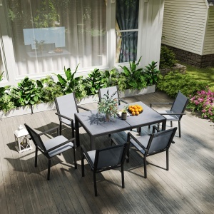 Set de Mobilier de Grădină cu 7 Piese, Masă și 6 Scaune Stivuibile, Mobilier din Oțel Textilen, Gri Deschis - Img 9