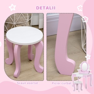 Set de Toaletă Machiaj, Măsuță de Machiaj cu Oglinzi și Taburet pentru Copii, Vârsta 3-6 Ani, 65,5x46x93 cm, Roz - Img 6