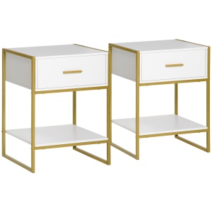 Set din 2 Noptiere Moderne, Noptiere cu Raft și Sertar, Organizatoare de Depozitare pentru Dormitor, 45x40x60 cm, Alb - Img 1