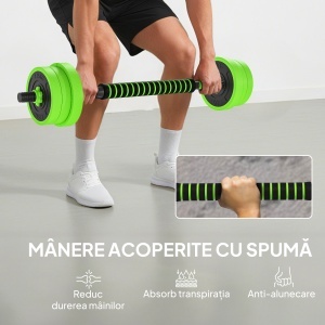 Set Greutăți Sala de Sport 4 în 1 de 20kg, Convertibil în Kettlebell, 2 Gantere, Bară de Haltere și Suport pentru Flotări, Verde - Img 6
