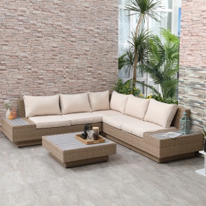 Set Living de Gradina din Rattan, 4 Piese, Coltar pentru Exterior cu Perne, Masute Laterale si Masuta de Cafea, Maro Deschis - Img 2