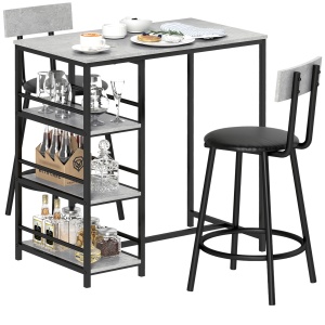 Set Masă de Bar cu 3 Rafturi și 2 Scaune cu Spătar, 90x50x90.5 cm, Gri Deschis