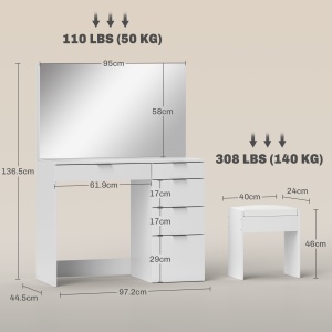 Set Masă de Toaletă cu Oglindă și 5 Sertare și Taburet de Machiaj Tapițat, 97,2x44,5x136,5 cm, Alb - Img 3