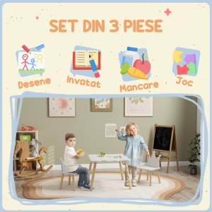 Set Masă și 2 Scaune pentru Copii 3-6 Ani, Masă Ondulată și Scaune în Formă de Coroană, 60x60x44 cm, Alb - Img 4