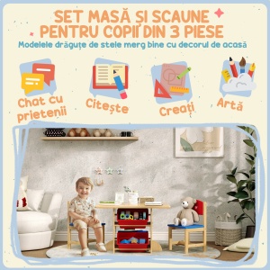 Set Masă și Scaune pentru Copii 3-7 Ani, cu 2 Scaune și 4 Compartimente de Depozitare, 77x57x50 cm, Lemn Natural - Img 5