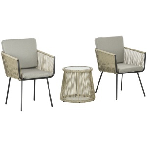 Set mobilier de Grădină cu 2 Scaune și Măsuță de Cafea cu Blat din Sticlă, Ø49x47 cm, Maro - Img 1