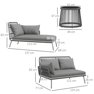 Set Mobilier de Grădină din 3 Piese cu Canapea, Şezlong cu Perne şi Măsuţă, 125x77x82 cm, Gri Deschis - Img 3