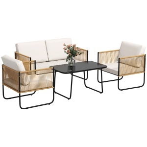 Set Mobilier de Grădină din 4 Piese cu Canapea, 2 Fotolii și Măsuță, 110x61x63 cm, Alb Crem - Img 1