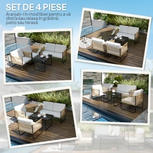 Set Mobilier de Grădină din 4 Piese cu Canapea, 2 Fotolii și Măsuță, 110x61x63 cm, Alb Crem - Img 4