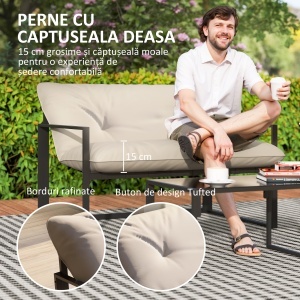 Set Mobilier Exterior 4 Piese, Set Relaxare cu Măsuță din Sticlă, Canapea, 2 Fotolii și Perne, Bej - Img 4