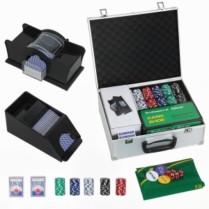 Set Poker cu 300 Jetoane, Amestecător de Cărți, Suport și Valiză, Texas Hold'em, Argintiu