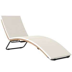 Șezlong din Ratan Forma S cu Pernă, Șezlong de Grădină cu Structură din Oțel, pentru Terasă, Plajă, Piscină, Grădină, 175x57x80cm, Crem