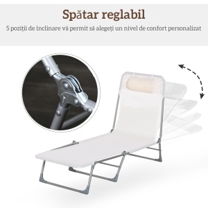 Șezlong Pliabil cu Spătar Reglabil pe 5 Niveluri și Pernă, Scaun de Grădină cu Șezut Respirabil din Texteline, pentru Plajă, Piscină, Grădină, 182x56x28 cm, Crem - Img 6