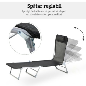 Șezlong Pliabil cu Spătar Reglabil pe 5 Niveluri și Pernă, Șezlong de Grădină cu Material Texteline, pentru Plajă Piscină Grădină, 182x56x28 cm, Negru - Img 4