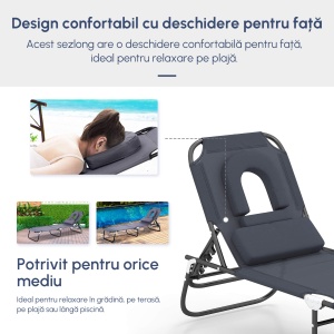 Sezlong Relax Pliabil pentru plaja cu pernuta și deschidere pentru față în tesătură Oxford, Gri - Img 4