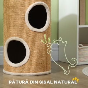 Stâlp de Zgâriat pentru Pisici cu 2 Niveluri, Înveliș din Sisal și Paturi din Pluș, Ø35x60 cm, Maro - Img 5