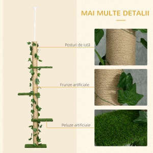 Stâlp Înalt pentru Pisici cu Tijă de Tensionare din Iută cu Frunze, 37x21x202-242 cm, Verde - Img 6