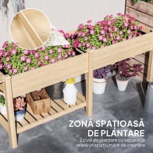 Strat Înălțat de Grădină cu Masă Laterală, Raft Inferior și Orificii de Drenaj, 207x59x78 cm, Lemn Natural - Img 4