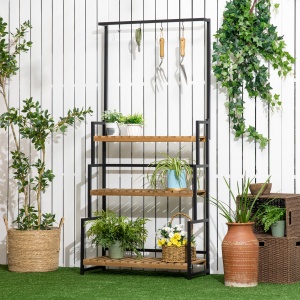 Suport de flori cu 3 niveluri cu carlige din lemn de brad si metal pentru interior si exterior, 80x36x174 cm, culoare negru si lemn - Img 2