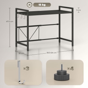 Suport extensibil pentru cuptor cu microunde pe 2 niveluri cu 3 cârlige, din metal, negru - Img 3