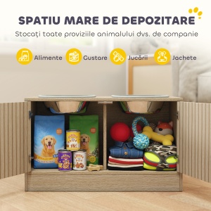 Suport pentru boluri pentru câini cu 2 boluri de 2L și dulap inferior, din lemn, 60x30x35,5 cm, stejar - Img 5