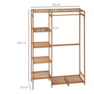 Suport pentru Haine din Bambus cu Rafturi pe 6 Niveluri și Bară pentru Haine, Stender pentru Dormitor și Hol, Design Modern, 90x30x145 cm, Lemn Natural - Img 3