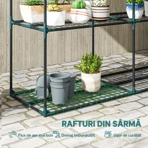 Suport Vertical pentru Plante cu 3 Niveluri din Oțel și Plastic, Suport Ghivece pentru Interior și Exterior, Grădină, Balcon, 143x48x100 cm, Verde Închis - Img 5
