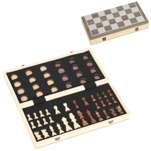 Tablă de Șah Pliabilă pentru Șah și Dame cu Compartimente, din Lemn și Metal, 38.5x38.5x2.8 cm, Alb și Nuc - Img 1