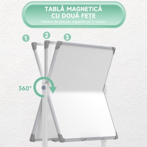 Tablă Magnetică cu 2 Fețe, Tablă Rotativă la 360° cu 3 Nivele Reglabile, Burete și Marker-e, 127x50x165 cm, Alb - Img 4