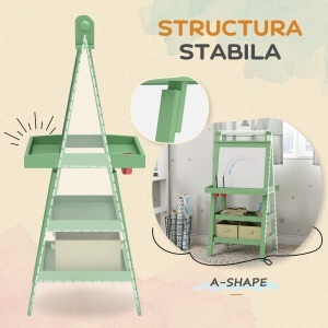 Tablă pentru Copii cu Șevalet 3 în 1, Sul de Hârtie și 2 Containere, din Lemn, 59x48x118 cm, Verde - Img 7
