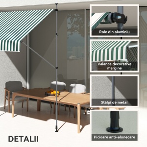 Tenda de Soare cu Suporturi Reglabile și Manivelă, Verde și Alb - Img 7