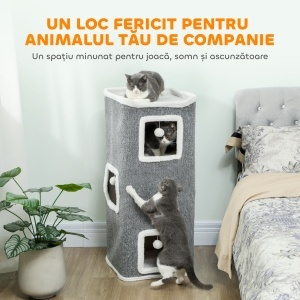 Turn pentru Pisici cu 4 Niveluri, 3 Căsuțe, 3 Bile de Jucărie și Loc de Relaxare, Copac pentru Pisici din Plăci Aglomerate, Țesătură și Pluș, 41x41x100 cm, Gri și Alb - Img 4