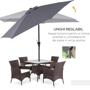 Umbrela de Gradina cu Manivela, din Aluminiu si Poliester Gri si Negru, Φ2,6x2,35m - Img 5