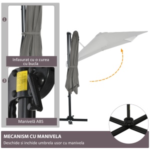 Umbrelă de Grădină cu Manivelă, Rotire la 360° și Copertină Reglabilă pe 5 Niveluri, 2.5x2.5 m, Gri Deschis - Img 6