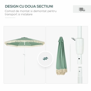 Umbrelă de Grădină Înclinabilă cu Franjuri, Manivelă şi Tijă în 2 Secţiuni, Ø2.65x2.45 m, Verde - Img 8