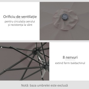 Umbrelă de Grădină Inclinabilă Ø265 cm cu 32 Lumini LED Solare și Manivelă, Umbrelă de Exterior cu 8 Spițe, din Oțel și Poliester, pentru Patio, Curte, Balcon, Terasă, Gri - Img 5
