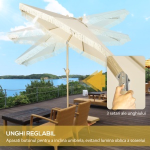 Umbrelă de Grădină Înclinabilă pe 3 Niveluri cu Franjuri, Manivelă și Tijă cu 2 Secțiuni, Ø265x244 cm, Crem - Img 4