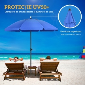 Umbrelă de Plajă 1.8x2 m cu Inclinație la 45° și 8 Stecche, Poliester și Oțel, Albastru - Img 4