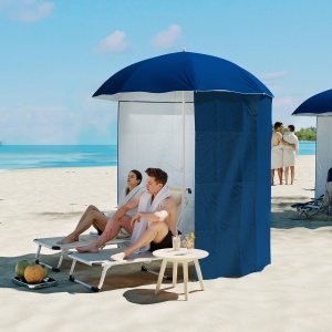 Umbrelă de Plajă cu Perdea Laterală, Săculeți pentru Nisip și Țăruși, Ø220x220 cm, Albastru - Img 2