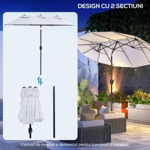 Umbrela de soare de gradina basculabila dubla cu deschidere cu manivela, copertina cu orificii cu ventilatie si 12 nervuri, 295x152x222cm, alb - Img 8