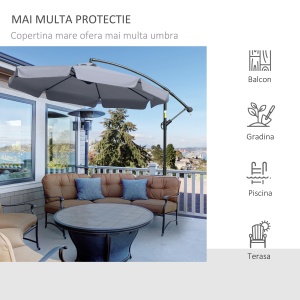 Umbrela de Soare pentru Gradina cu Brat Parasolar din Metal, Baldachin din Poliester Reglabil si Deschidere cu Manivela, Φ265x265cm, Gri - Img 7