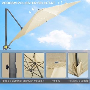 Umbrela de Soare pentru Gradina Descentrata cu Inclinare Reglabila si Pivotanta la 360°, Ø293x248cm Alb Crem - Img 7