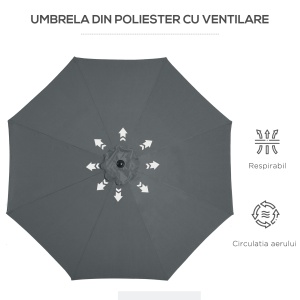Umbrelă Rotundă de 300x250cm cu Manivelă și Funcție de Înclinare, Umbrelă de Grădină, Terasă, Exterior, Metal și Poliester Gri Închis - Img 8