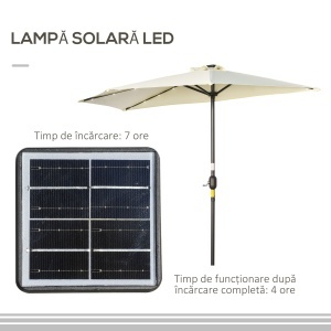 Umbrela Semicirculara cu 20 Lumini LED, Panou Solar, Manivela si Tija in 2 Sectiuni, 265x135x240 cm, Bej - Img 5