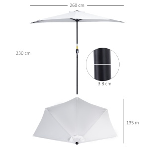 Umbrelă Semicirculară de Perete cu Deschidere cu Manivelă și 5 Spițe, 2.6x1.35x2.3 m, Alb - Img 3